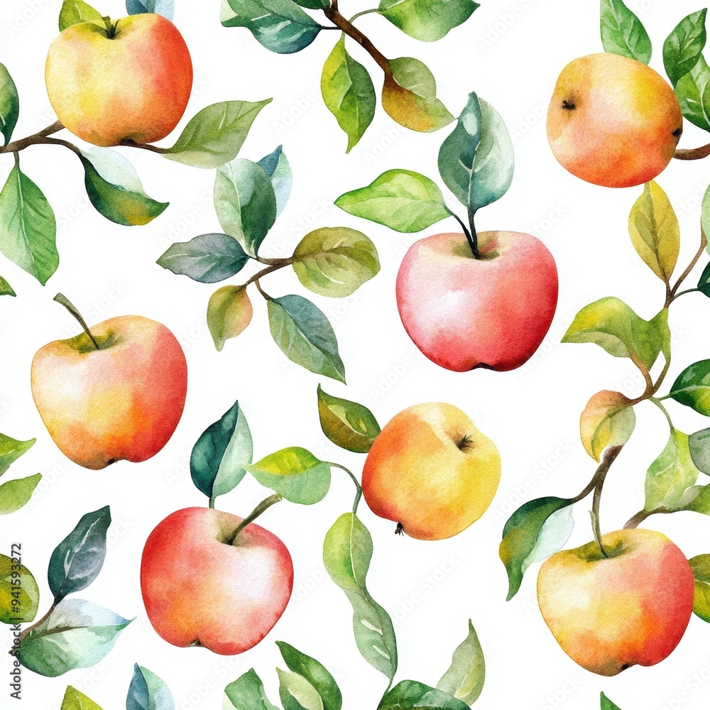 Beautiful watercolor pattern featuring apples and leaves on a white background, perfect for fruit-themed designs. Beautiful watercolor pattern featuring apples and leaves on a white background, perfect for fruit-themed designs.
