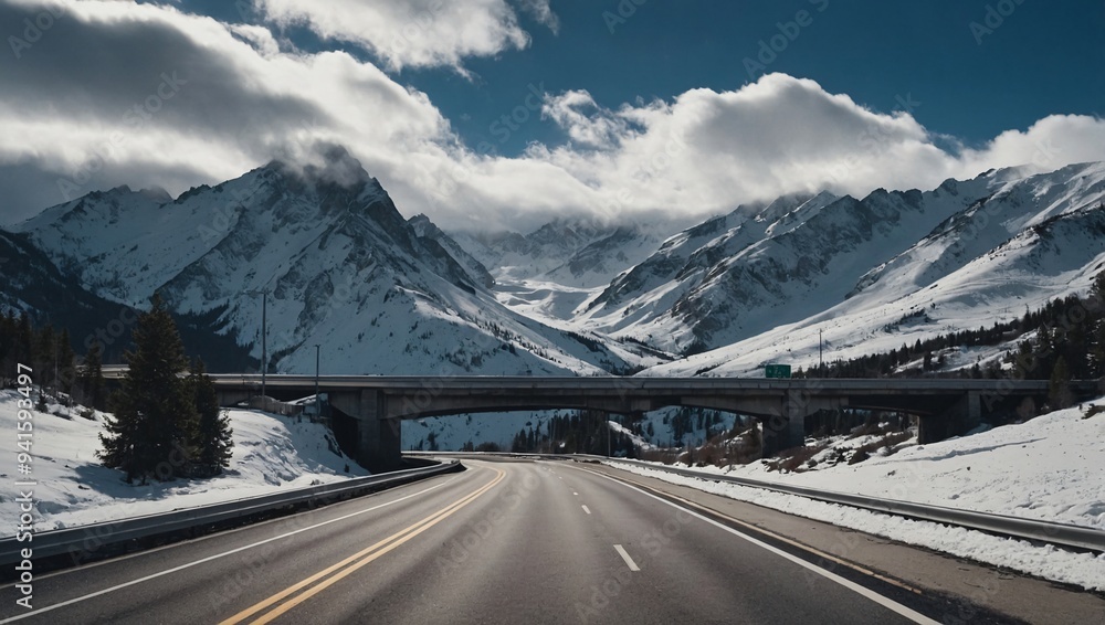 A scenic view of snow-covered mountains and a highway with sky clouds A scenic view of snow-covered mountains and a highway with sky clouds