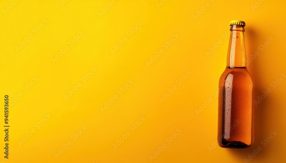 Brown glass beer bottle isolated on a yellow background, creating a vibrant and minimalistic composition perfect for advertising or marketing uses. Brown glass beer bottle isolated on a yellow background, creating a vibrant and minimalistic composition perfect for advertising or marketing uses.