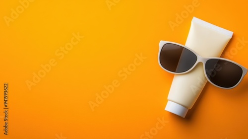 Bright summer essentials featuring sunscreen and stylish sunglasses on a vibrant orange background. photo