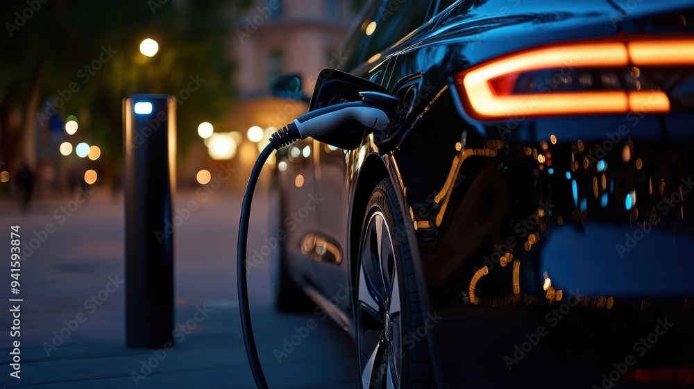 A close-up of a black electric car charging at a modern station during dusk, showcasing the future of sustainable transportation. A close-up of a black electric car charging at a modern station during dusk, showcasing the future of sustainable transportation.