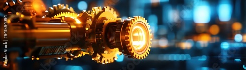 Close-up of a golden gear mechanism, showcasing intricate mechanical parts and illuminated technology in a futuristic, industrial setting. photo