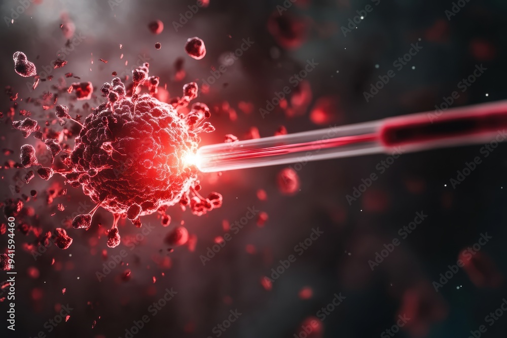 Close-up of a scientist targeting a cancer cell with a laser beam ...