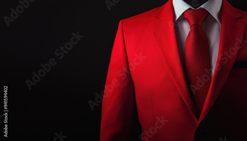 Close-up of a person wearing a bold red suit and tie against a black background, showcasing fashion, style, and elegance. photo