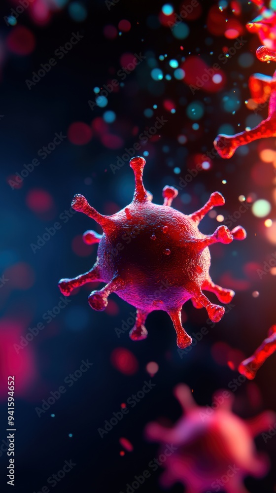 Close-up of a virus cell under a microscope with vibrant red and blue colors, representing a microscopic view of a disease pathogen. Close-up of a virus cell under a microscope with vibrant red and blue colors, representing a microscopic view of a disease pathogen.