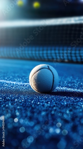 Close-up of a tennis ball on a blue court with a net in the background. Perfect for sports, fitness, and tennis-related themes. photo