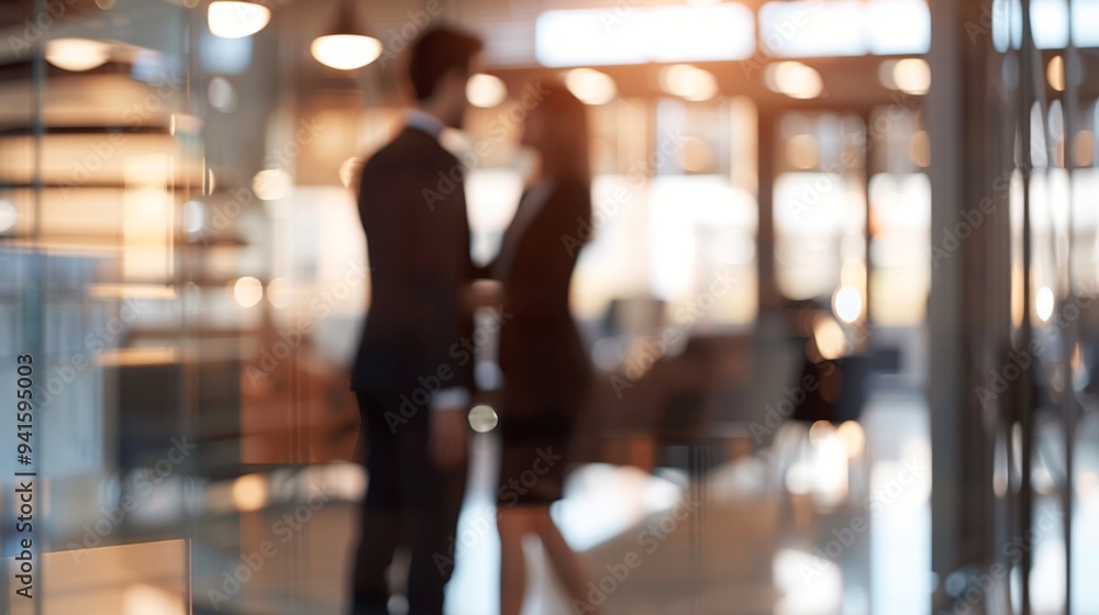 Blurred silhouettes of business professionals engaged in conversation in a modern, well-lit office space, conveying a sense of corporate collaboration and networking. Blurred silhouettes of business professionals engaged in conversation in a modern, well-lit office space, conveying a sense of corporate collaboration and networking.