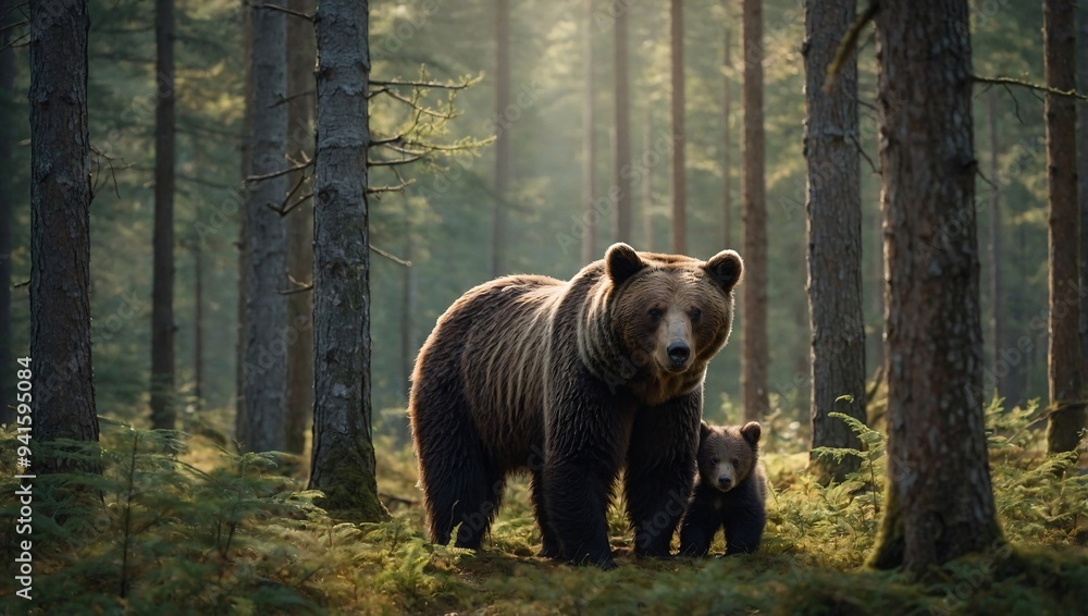 A serene forest clearing is home to a mother bear and her young cubs, adding a touch of wildlife charm A serene forest clearing is home to a mother bear and her young cubs, adding a touch of wildlife charm
