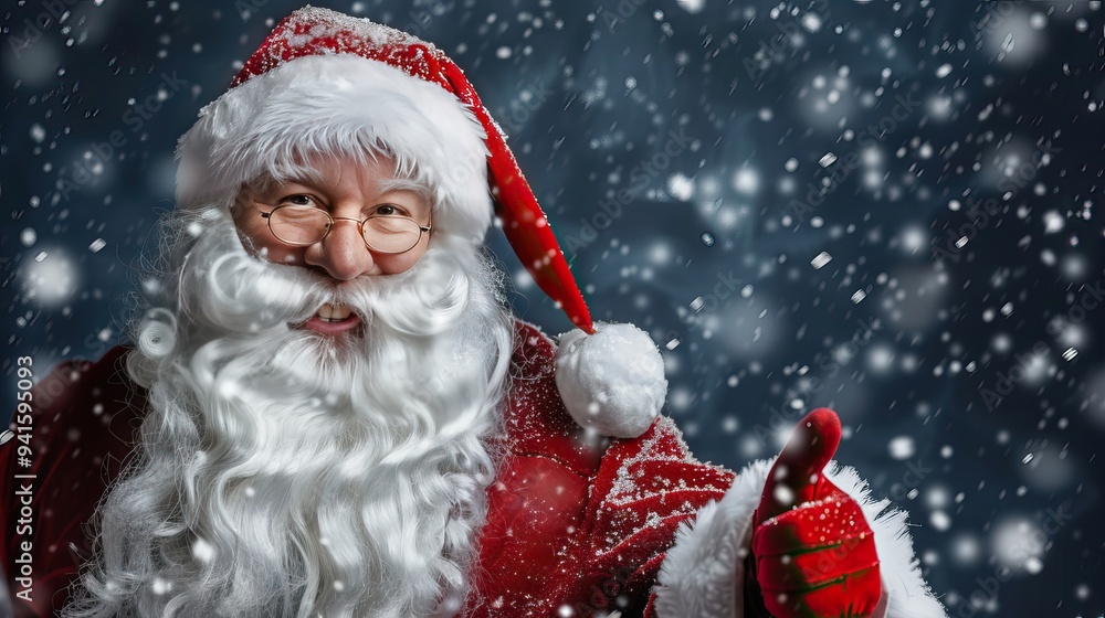 Happy Santa Claus with a gift on a Christmas background. Advertising New Year's Christmas discount, Christmas promotion. Christmas and New Year concept Happy Santa Claus with a gift on a Christmas background. Advertising New Year's Christmas discount, Christmas promotion. Christmas and New Year concept