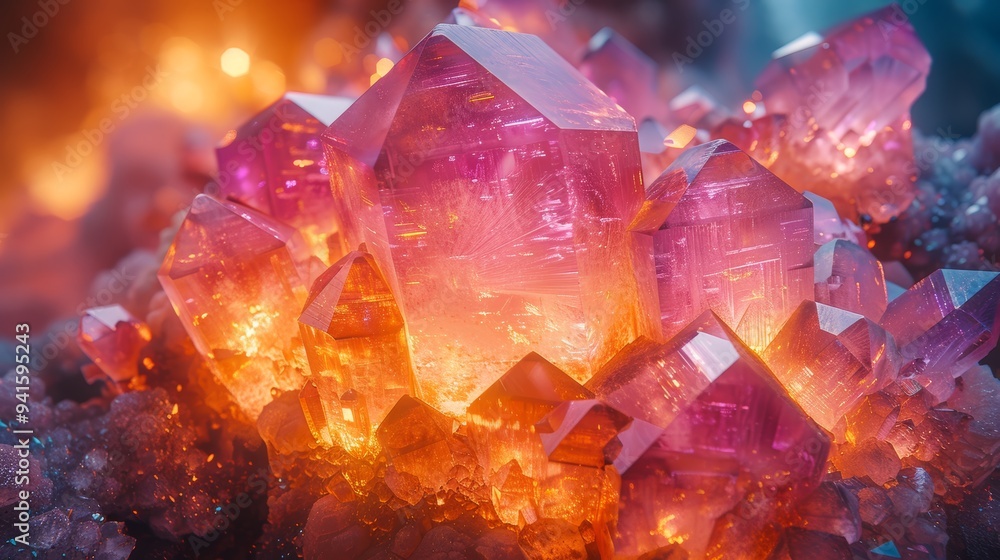 Stunning Close-Up of Vibrant Pink and Orange Crystals with Glowing Light in Background Stunning Close-Up of Vibrant Pink and Orange Crystals with Glowing Light in Background