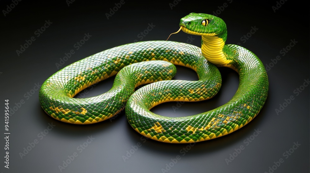 The image depicts a coiled, menacing snake in green scales against a dark, mysterious backdrop The image depicts a coiled, menacing snake in green scales against a dark, mysterious backdrop