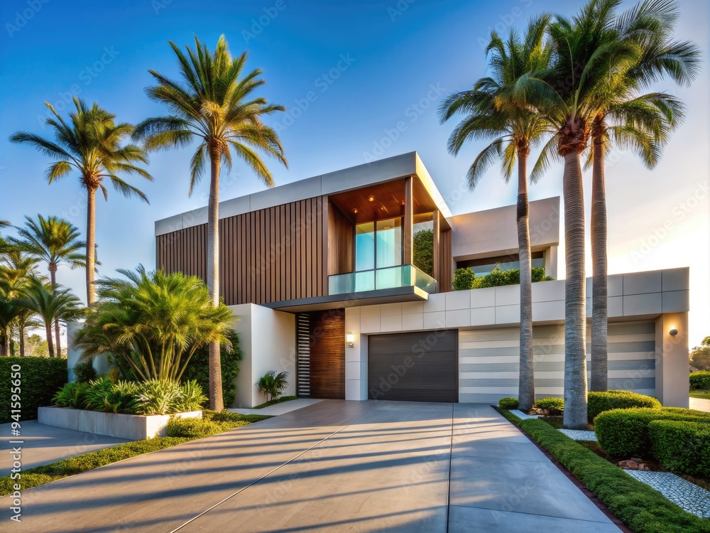Coastal Geometry: Modern coastal architecture juxtaposes angular lines with vibrant royal palms, creating a striking driveway. Coastal Geometry: Modern coastal architecture juxtaposes angular lines with vibrant royal palms, creating a striking driveway.