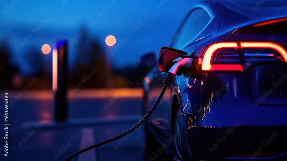 A sleek electric car charging at night, glowing lights highlighting modern technology in a serene urban setting. A sleek electric car charging at night, glowing lights highlighting modern technology in a serene urban setting.