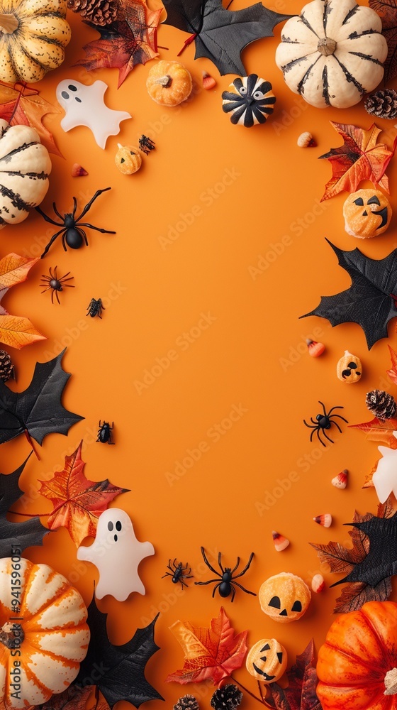 Festive Halloween border with pumpkins, ghosts, and spiders on vibrant orange background, creating spooky autumn atmosphere for seasonal celebration. Festive Halloween border with pumpkins, ghosts, and spiders on vibrant orange background, creating spooky autumn atmosphere for seasonal celebration.