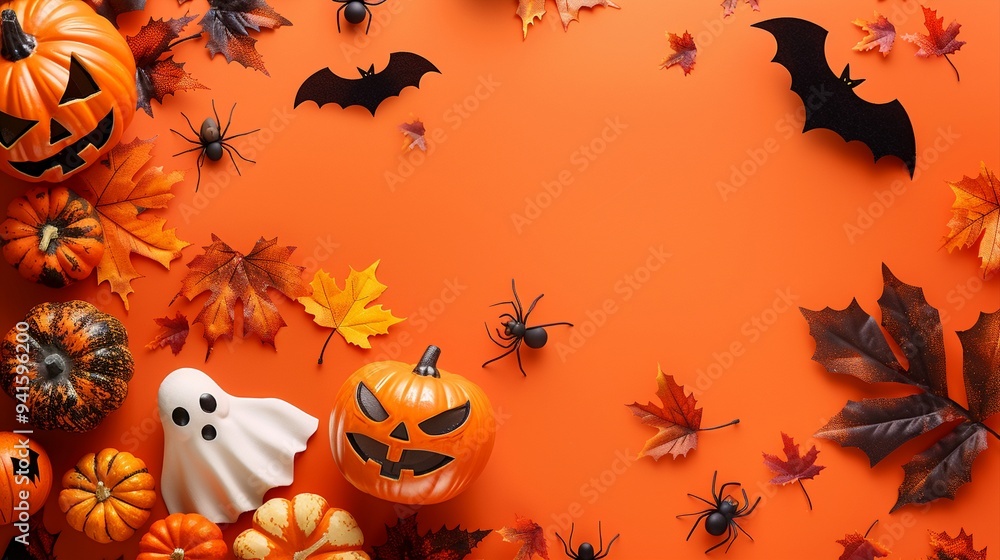 Festive Halloween scene with jack-o'-lanterns, autumn leaves, spooky ghosts, and bats on vibrant orange background, perfect for seasonal celebrations. Festive Halloween scene with jack-o'-lanterns, autumn leaves, spooky ghosts, and bats on vibrant orange background, perfect for seasonal celebrations.