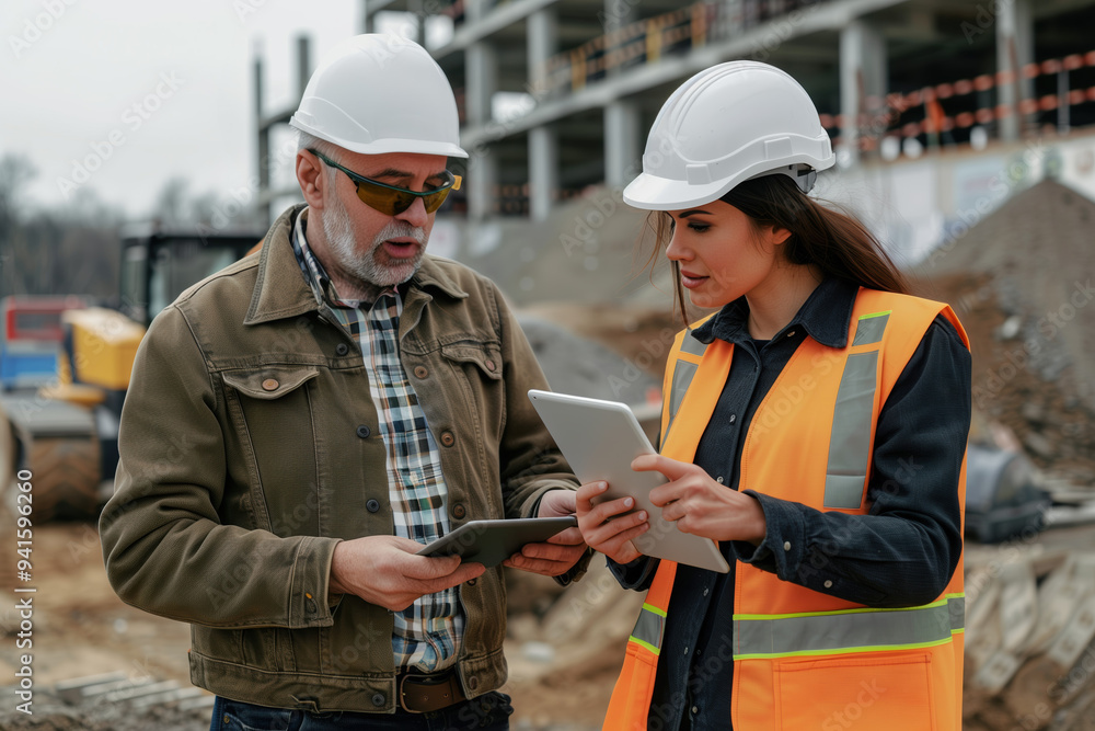 Senior engineer and woman project manager collaborating on construction site using tablets for project management and data sharing Senior engineer and woman project manager collaborating on construction site using tablets for project management and data sharing