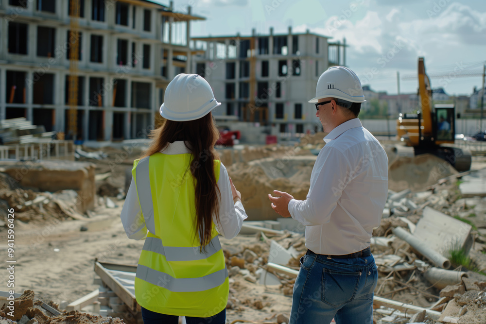 Civil engineer discussing construction progress with site inspector at urban development project Civil engineer discussing construction progress with site inspector at urban development project