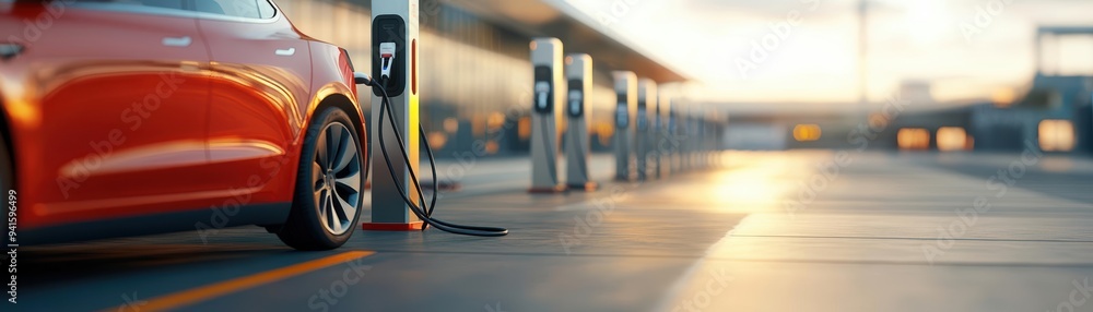 A vibrant electric vehicle charging at a modern station during sunset, highlighting the future of eco-friendly transportation. A vibrant electric vehicle charging at a modern station during sunset, highlighting the future of eco-friendly transportation.