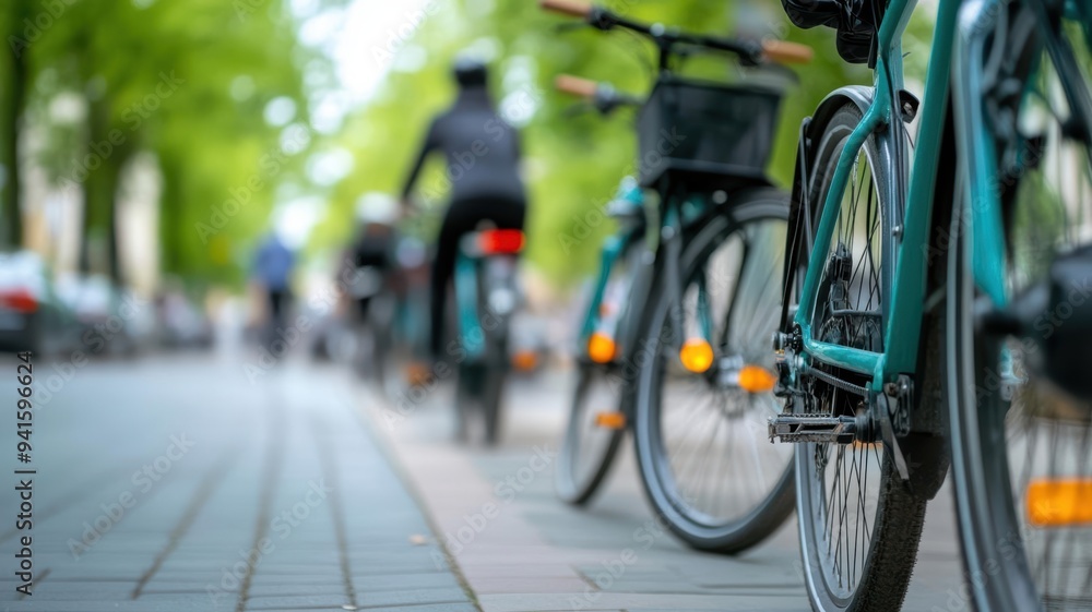 A vibrant scene of bicycles parked on a tree-lined street, capturing the essence of urban cycling and outdoor activity. A vibrant scene of bicycles parked on a tree-lined street, capturing the essence of urban cycling and outdoor activity.