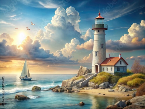 Wallpaper Mural Coastal Serenity Lighthouse: Tranquil oceanfront, towering lighthouse, soft blues, beige, nautical Torontodigital.ca