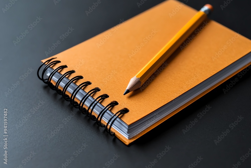 A minimalist design of a single spiral notebook and pencil placed on a blank, white background, showcasing simplicity and focus A minimalist design of a single spiral notebook and pencil placed on a blank, white background, showcasing simplicity and focus