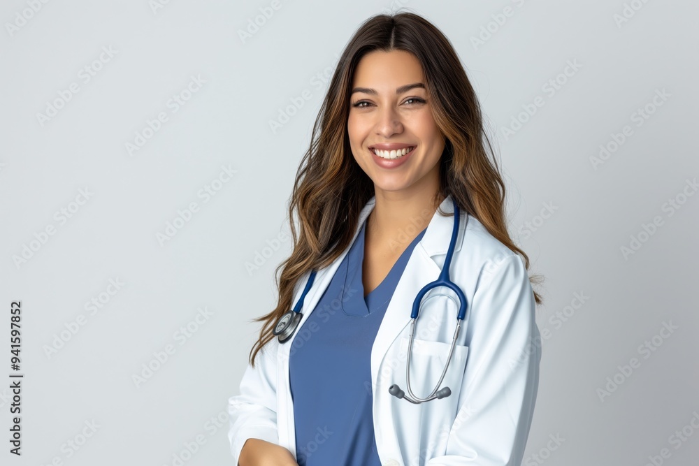 A confident female doctor in a white coat and scrubs exudes trust and expertise in healthcare, representing medical professionals in a professional setting with approachability and charm A confident female doctor in a white coat and scrubs exudes trust and expertise in healthcare, representing medical professionals in a professional setting with approachability and charm