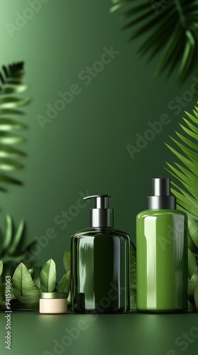 Elegant green cosmetic bottles surrounded by lush foliage, perfect for showcasing natural beauty and eco-friendly products. photo