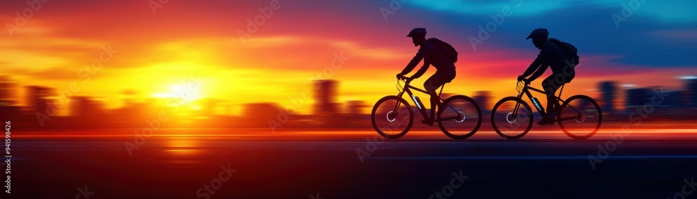 Silhouettes of cyclists riding at sunset, capturing the essence of adventure and freedom in a vibrant landscape. Silhouettes of cyclists riding at sunset, capturing the essence of adventure and freedom in a vibrant landscape.
