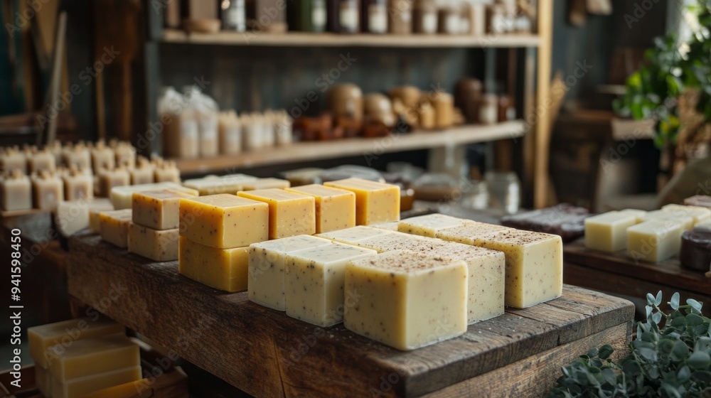 A display of various soaps on a wooden shelf A display of various soaps on a wooden shelf
