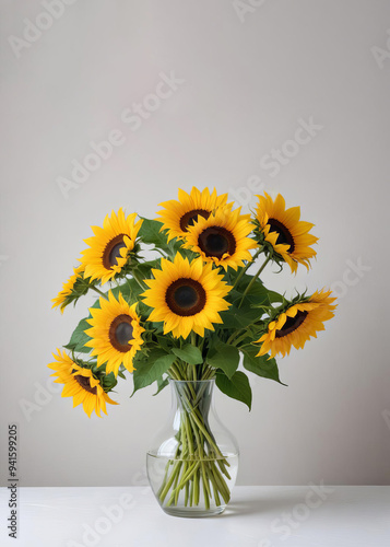 Bouquet of sunflowers in a glass vase on a table in a light apartment interior