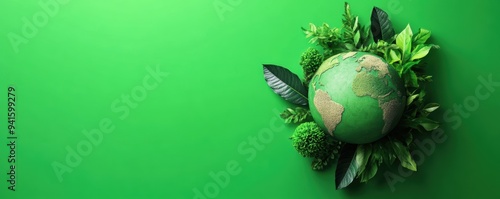 Green planet Earth surrounded by lush foliage on a green background, symbolizing eco-friendly living and environmental conservation. photo