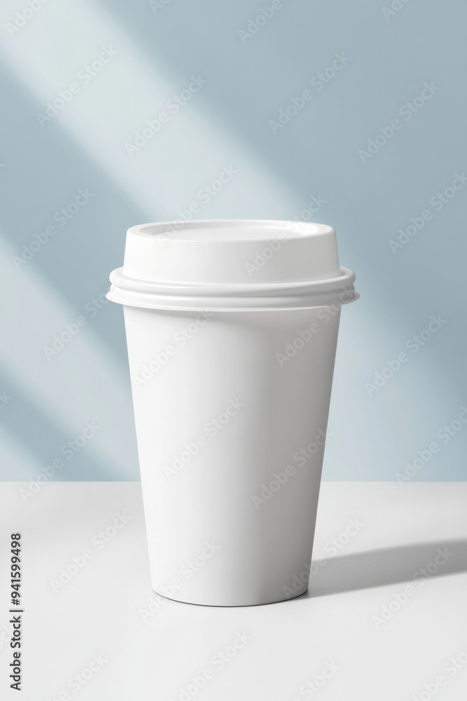 A white coffee cup with a lid sits on a table
