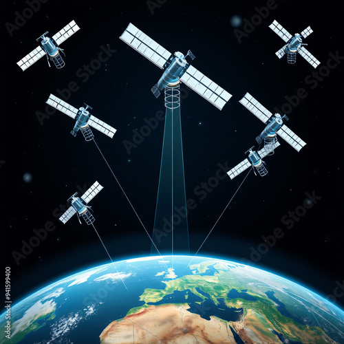 A constellation of satellites beaming signals to Earth, illustrating the crucial role of space technology in modern mobile communications.