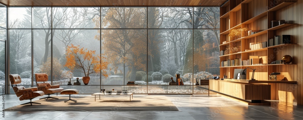 Modern Living Room with Floor-to-Ceiling Windows Overlooking a Serene Autumn Garden Modern Living Room with Floor-to-Ceiling Windows Overlooking a Serene Autumn Garden