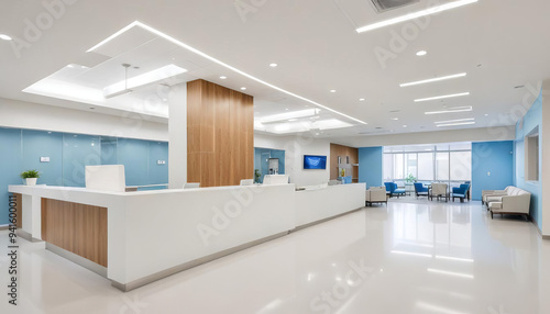 Empty modern hospital corridor, clinic corridor interior with white chairs for patients waiting for doctor's visit. Modern waiting room in medical office