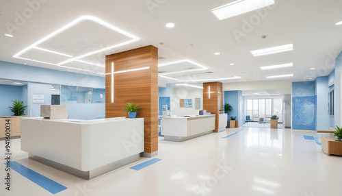 Empty modern hospital corridor, clinic corridor interior with white chairs for patients waiting for doctor's visit. Modern waiting room in medical office