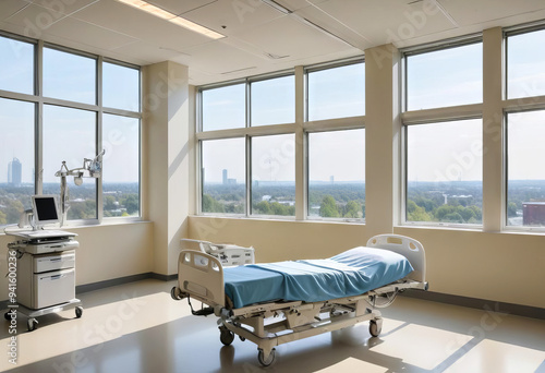 Illustration hospital interior in recovery or inpatient room with bed and amenities