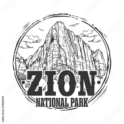 Zion National Park, USA Illustration Clip Art Design Shape. Bison Animal Silhouette Icon Vector.	
