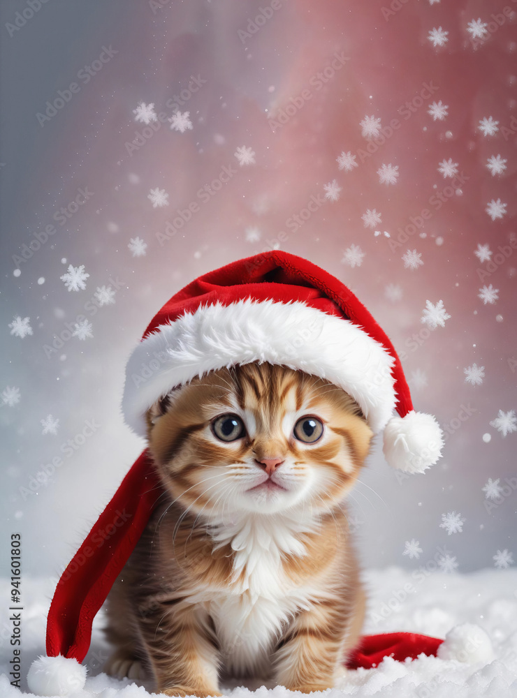 Portrait of little kitten in a new year's red Santa Claus hat on light background in the Studio. Creative. The concept of Christmas and holidays Portrait of little kitten in a new year's red Santa Claus hat on light background in the Studio. Creative. The concept of Christmas and holidays