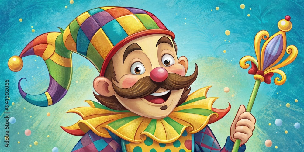 Fototapeta premium Comic Coronation: Jester's scepter, exaggerated mustache, playful eyes, bright and cheerful palette, whimsical atmosphere