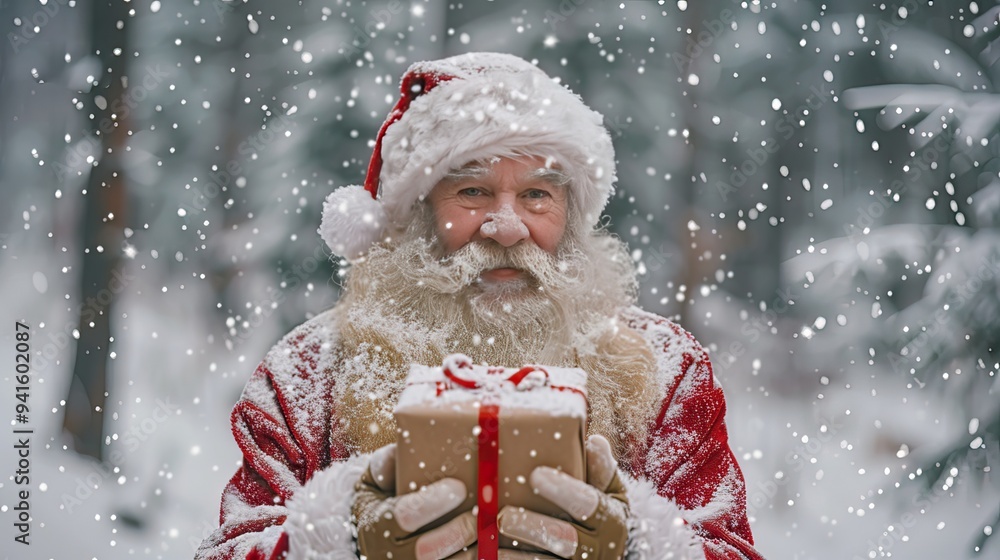 Happy Santa Claus with a gift on a Christmas background. Advertising New Year's Christmas discount, Christmas promotion. Christmas and New Year concept Happy Santa Claus with a gift on a Christmas background. Advertising New Year's Christmas discount, Christmas promotion. Christmas and New Year concept