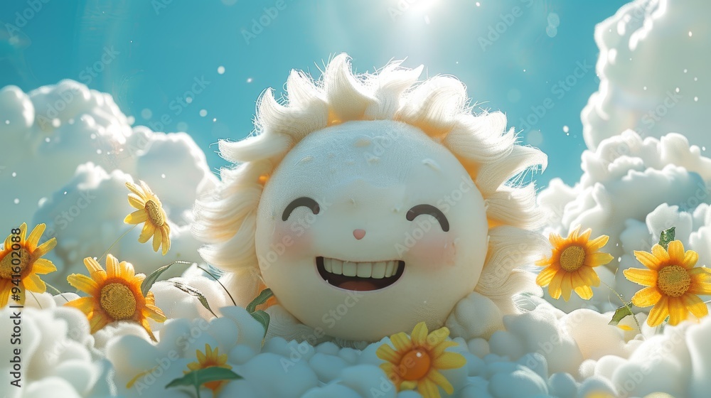 Obraz premium Joyful Sun Character Surrounded by Sunflowers and Clouds Celebrating Friendship Day in a Bright and Cheerful Sky
