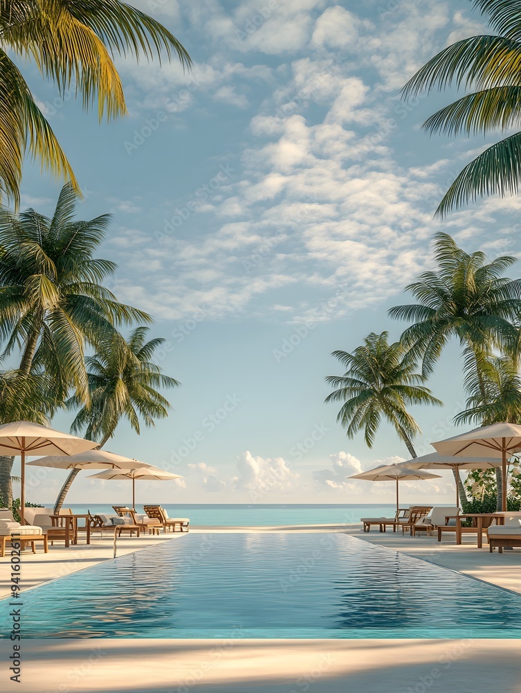 Fototapeta premium A minimalist tropical scene featuring a swimming pool by a sandy beach, flanked by coconut trees and umbrellas with tables and chairs.