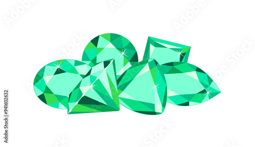 
Heap of green gemstones isolated on white background. Vector cartoon flat illustration of emerald crystals.