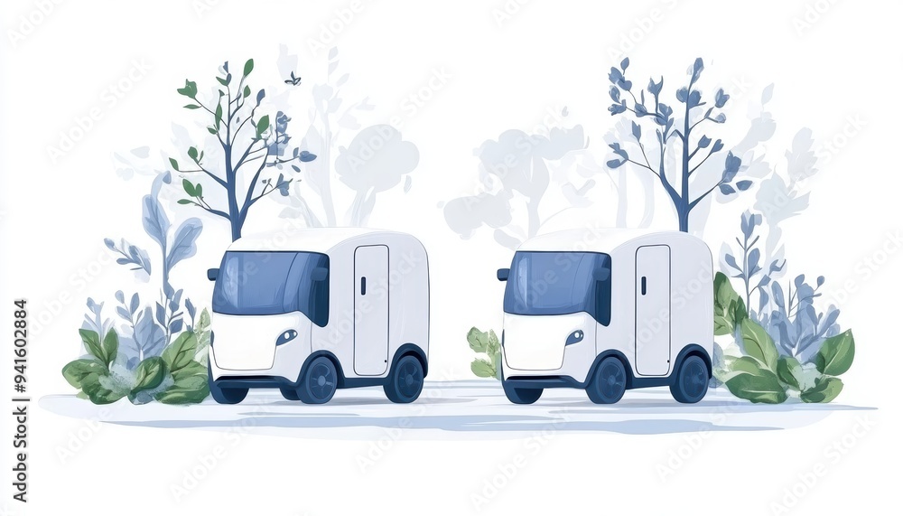 Obraz premium Two delivery trucks surrounded by lush greenery, illustrating eco-friendly transport and logistics in a modern design.