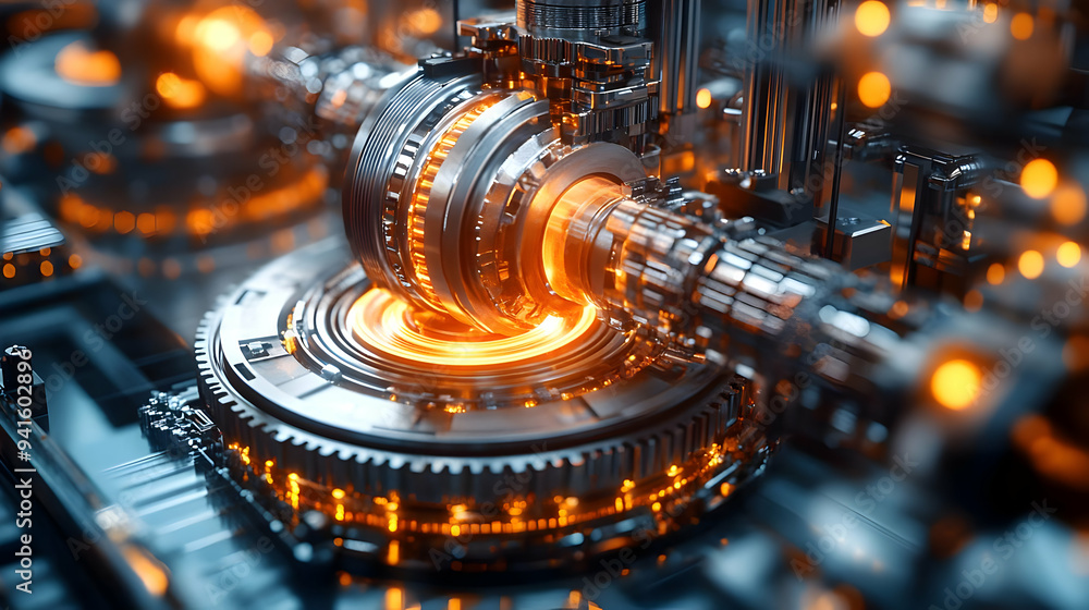 3D Illustration of a Complex Machine with Glowing Orange Lights 3D Illustration of a Complex Machine with Glowing Orange Lights