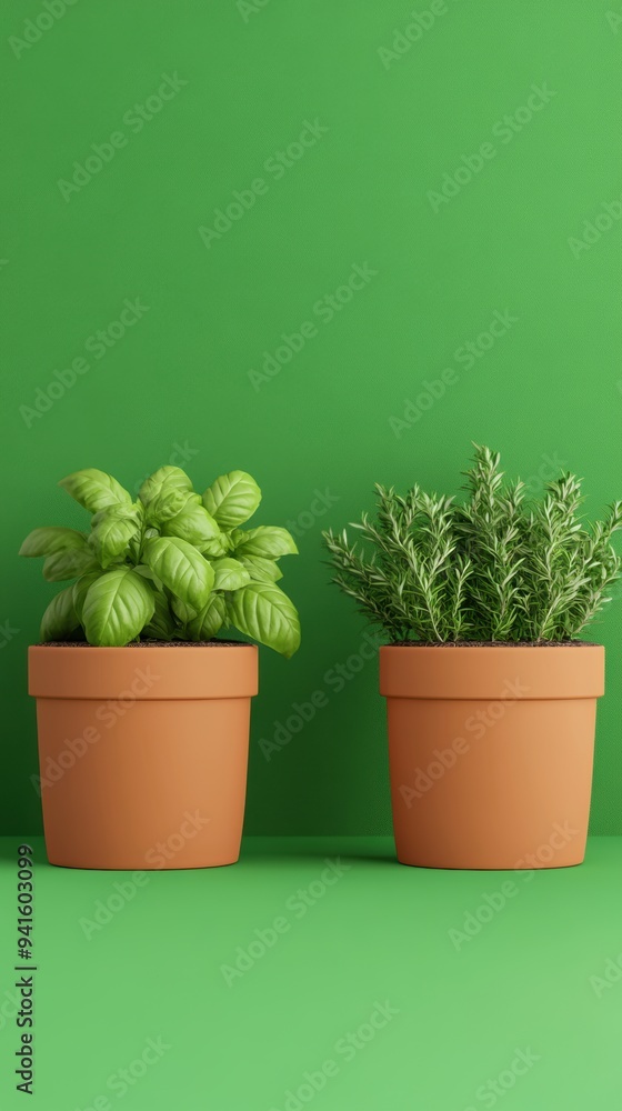 Two vibrant herb plants in terracotta pots against a green background, showcasing basil and rosemary for a fresh garden feel. Two vibrant herb plants in terracotta pots against a green background, showcasing basil and rosemary for a fresh garden feel.