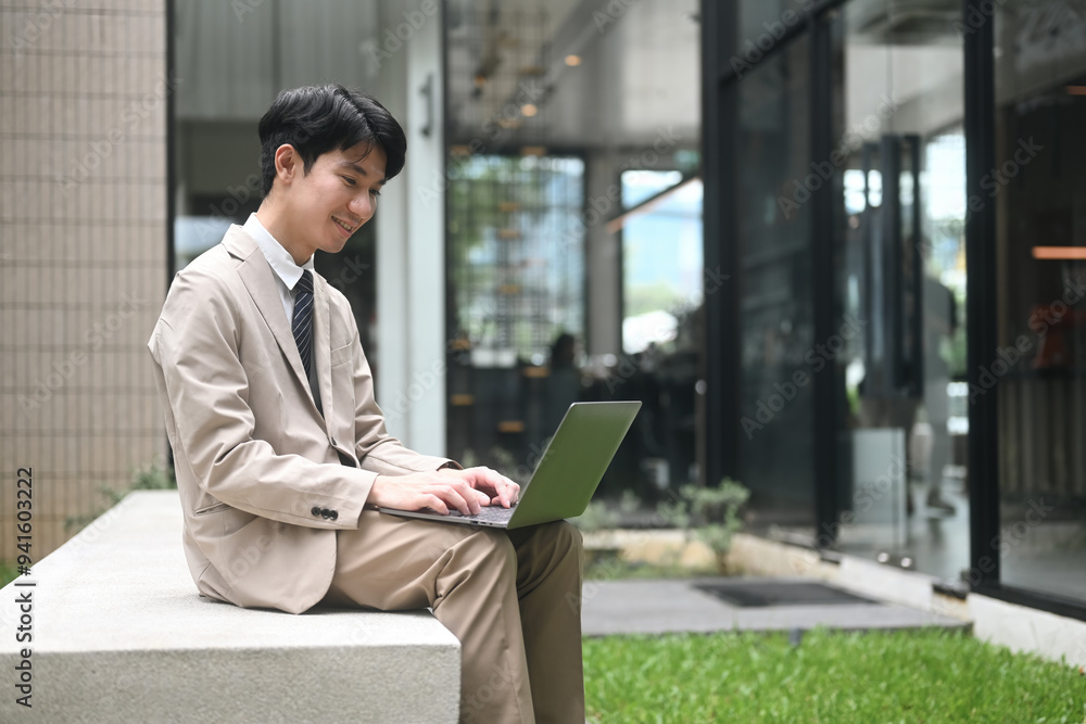 Efficient Businessman Enjoying Remote Work Outdoors Efficient Businessman Enjoying Remote Work Outdoors