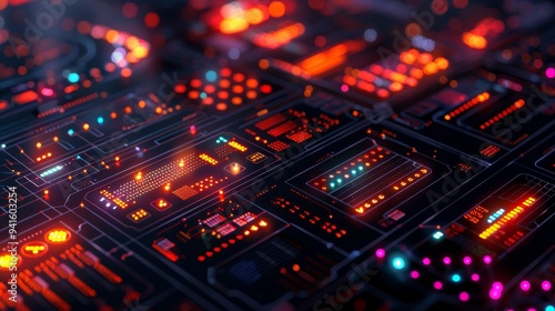 Digital Circuit Board with Glowing Lights Representing Data Flow and Risk Mitigation in Modern Technology