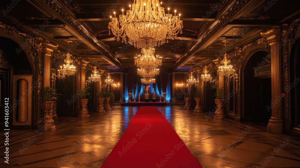 Fototapeta premium Grand Ballroom Awaits: A majestic ballroom, adorned with sparkling chandeliers and a grand red carpet, awaits its esteemed guests in opulent splendor. 
